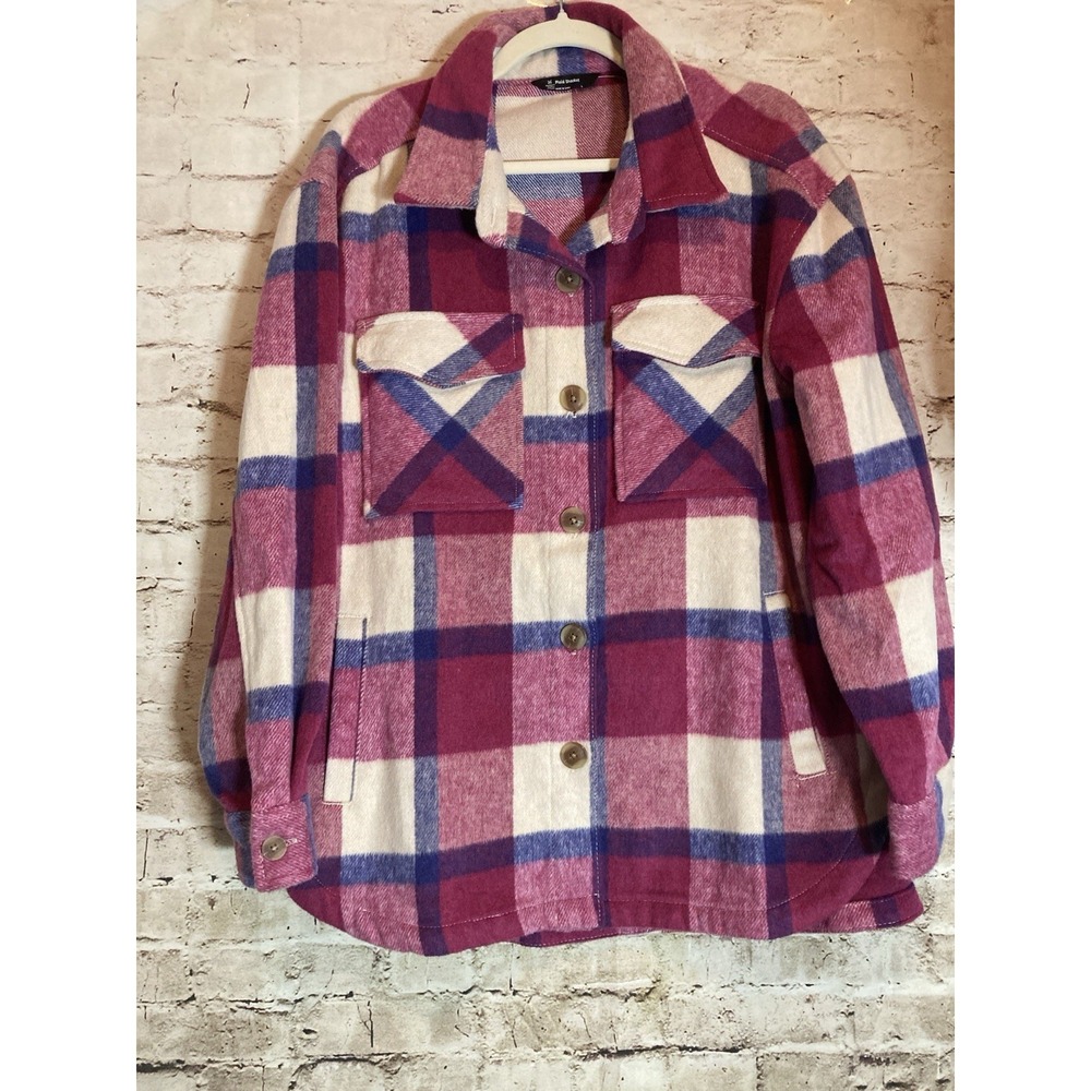 Member's Mark Plaid Shacket Womens Large Pink Purple Button Front Pockets